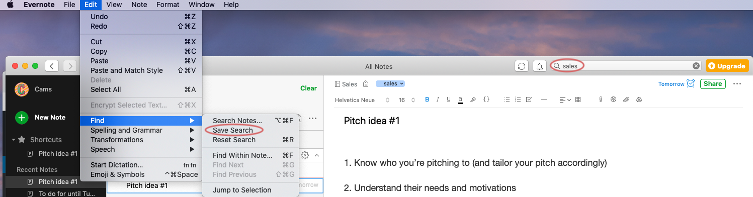 Save a search in Evernote