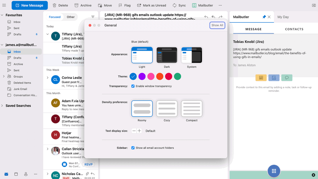 A gif showing the Outlook app and correspondingly Mailbutler extension changing from light to dark mode