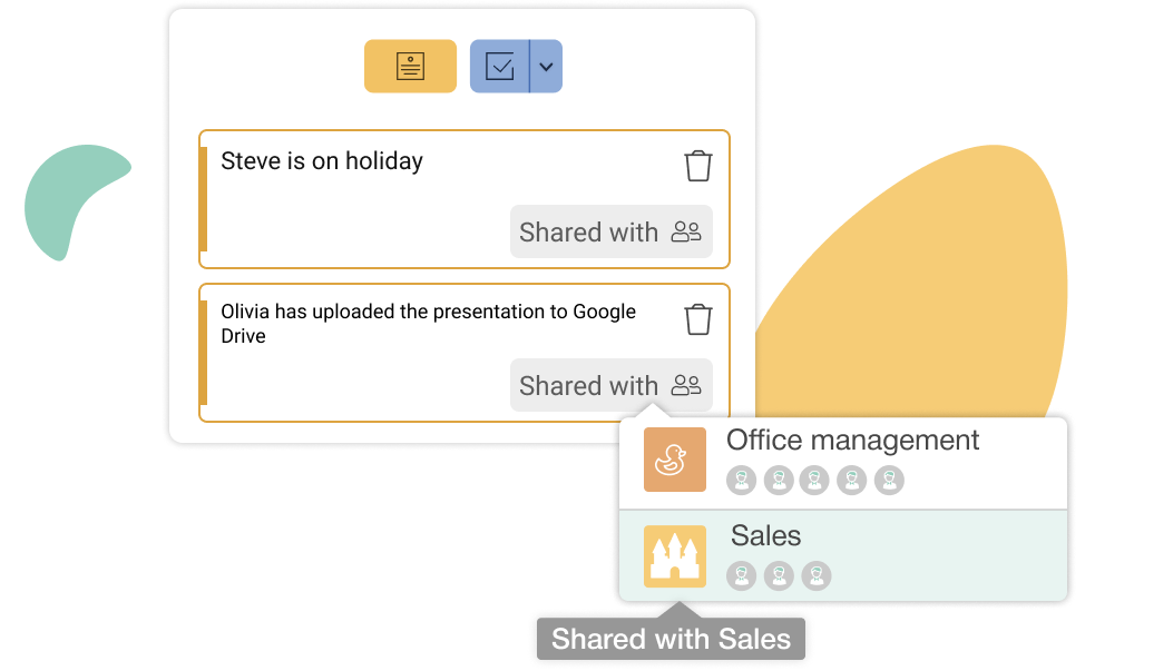 two Mailbutler notes with the team collaboration sharing option visible