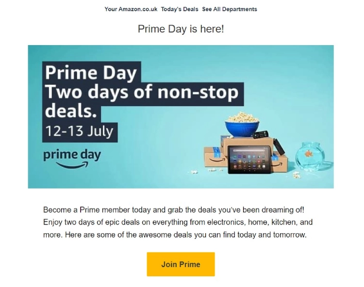 Example of email marketing by Amazon Prime