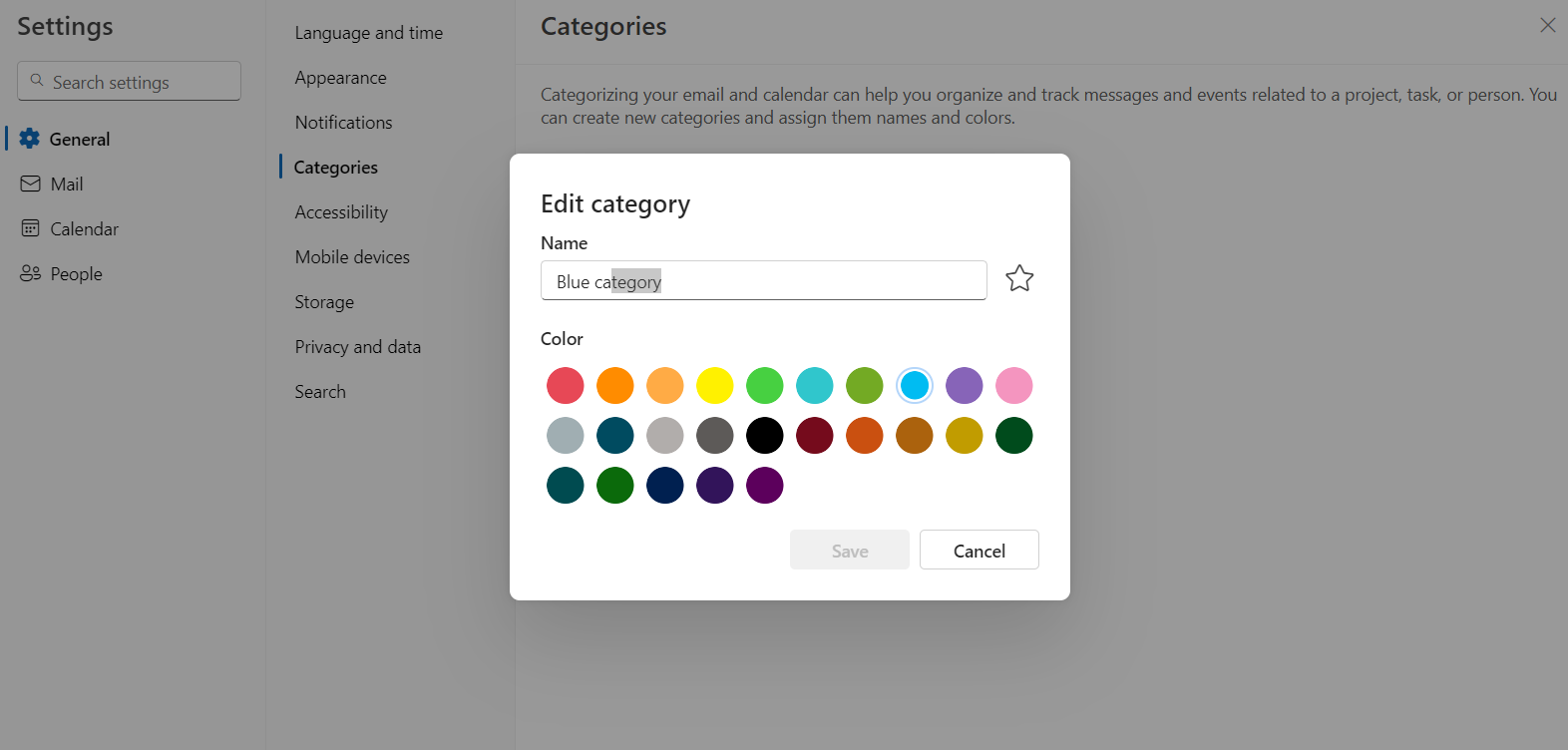 Choose a custom color for the outlook category