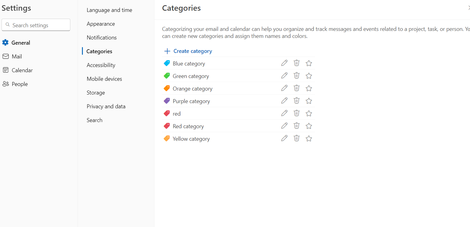 Outlook tag categories