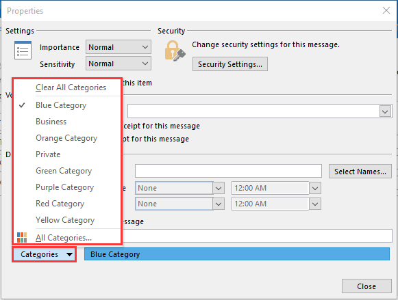properties dialogue box in outlook