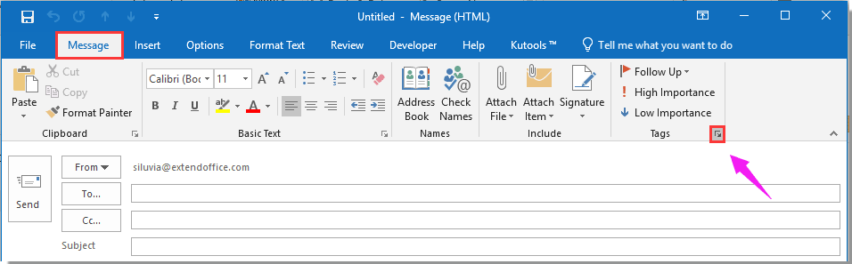 Outlook Tags group in the Message tab