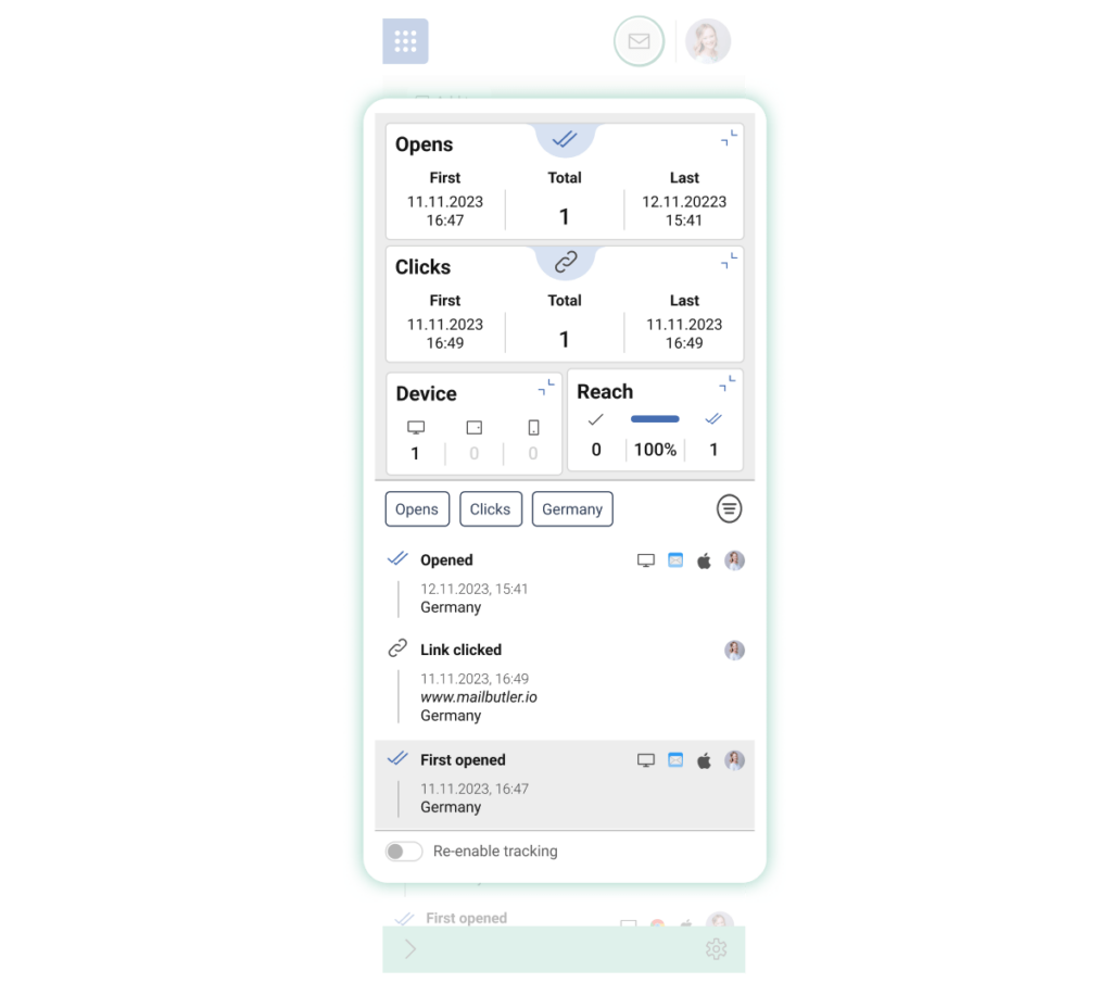 Mailbutler’s Email Tracking feature