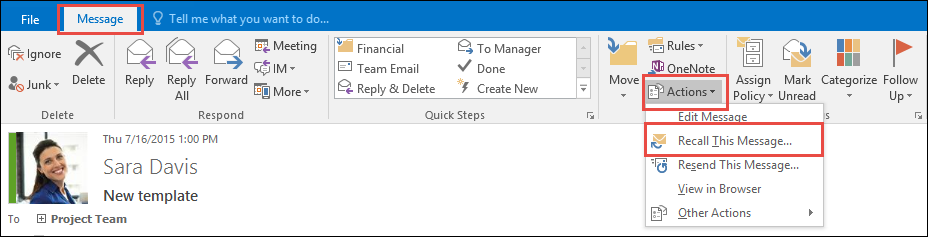 Recall Outlook message