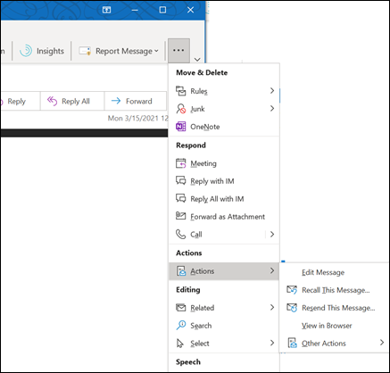 Recall Outlook message - Simplified ribbon