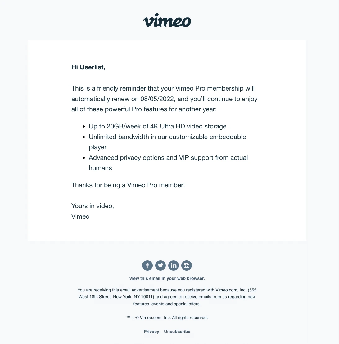 Vimeo reminder email