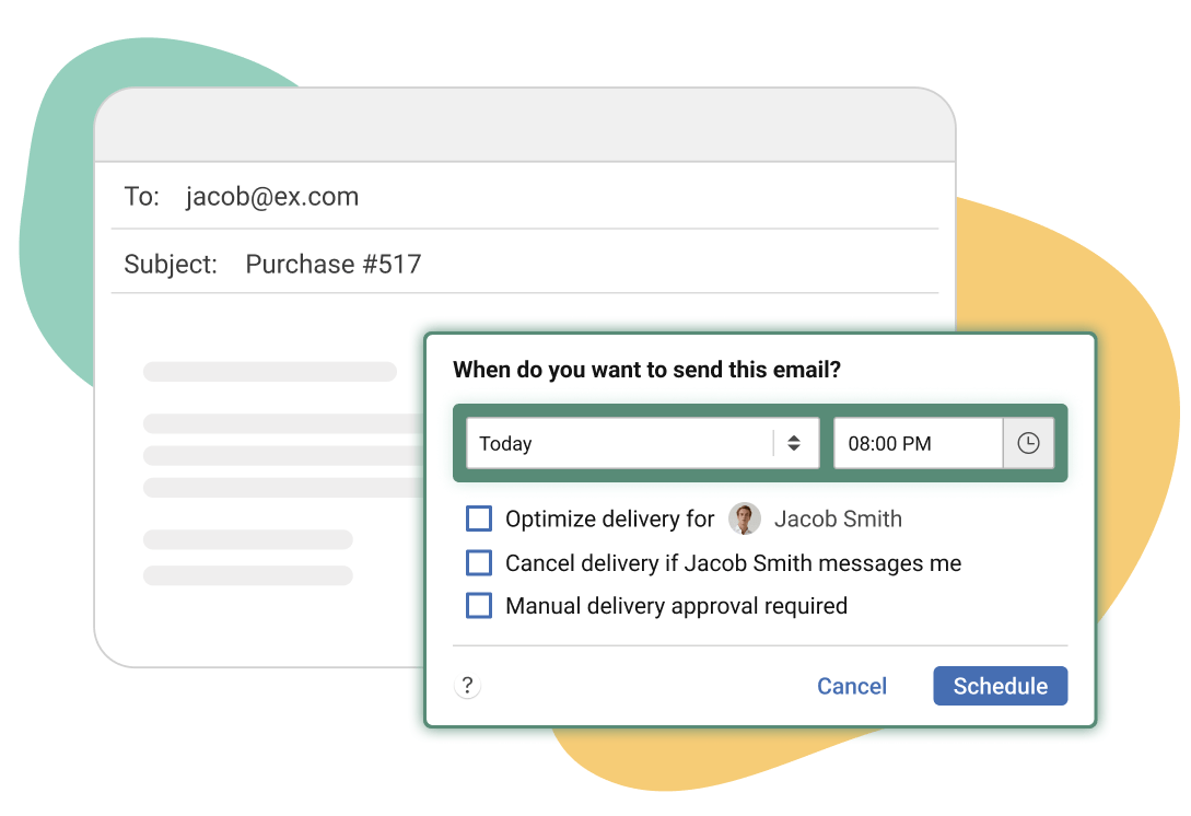 Graphic showing an inbox with a message being scheduled to send later in Outlook, Apple Mail and Gmail